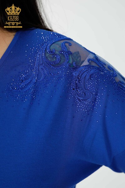 Wholesale Women's Blouse Crystal Stone Embroidered Saks - 78911 | KAZEE - Thumbnail