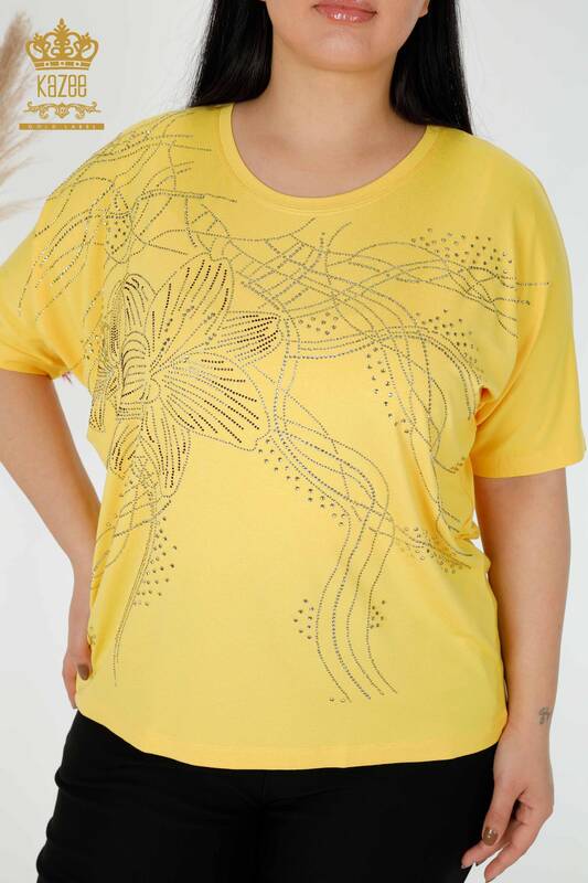 Wholesale Women's Blouse Crystal Embroidered Yellow - 78835 | KAZEE