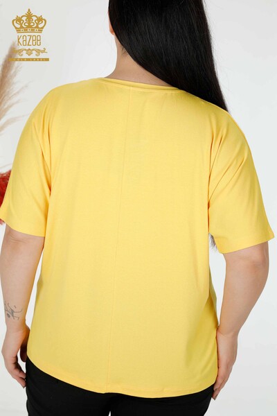Wholesale Women's Blouse Crystal Embroidered Yellow - 78835 | KAZEE - Thumbnail