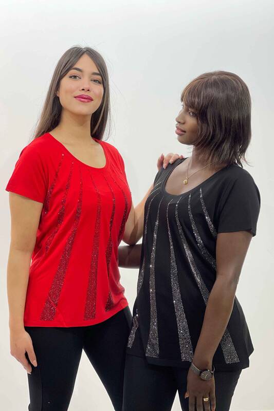 Wholesale Women's Blouse Crystal Stone Plus Size Short Sleeve - 77765 | KAZEE