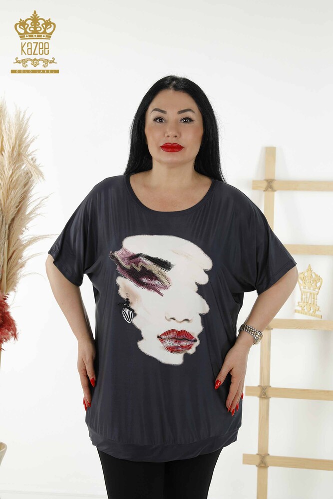 Wholesale Women's Blouse - Digital Print - Navy Blue - 77755 | KAZEE - 1