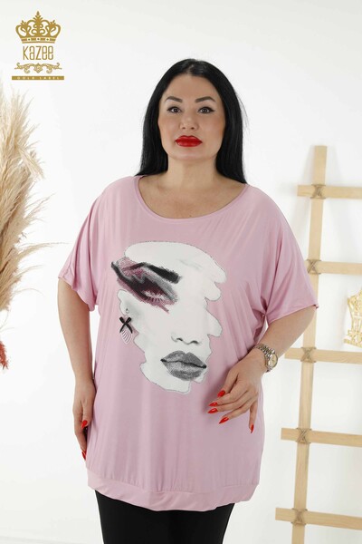 Wholesale Women's Blouse - Digital Print - Pink - 77755 | KAZEE - Thumbnail