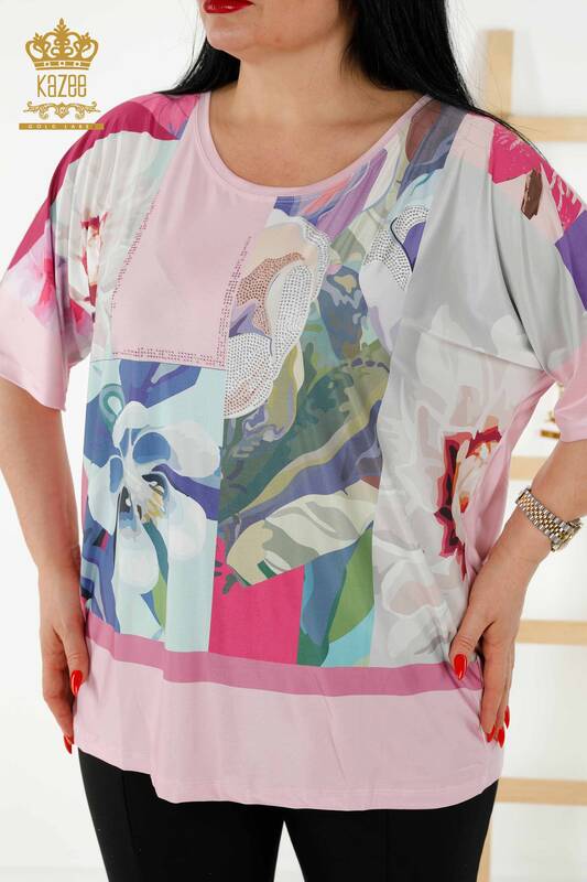 Wholesale Women's Blouse - Digital Print - Pink - 77895 | KAZEE