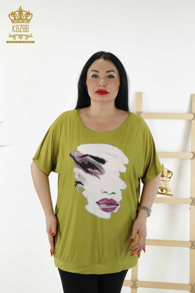 Wholesale Women's Blouse - Digital Print - Pistachio Green - 77755 | KAZEE - Thumbnail