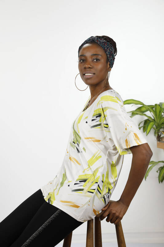 Wholesale Women's Blouse Digital Printed V Neck Short Sleeve - 12027 | KAZEE