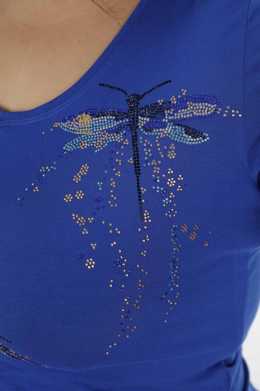 Wholesale Women's Blouse Dragonfly Detailed Colored Stone Embroidered - 79019 | KAZEE