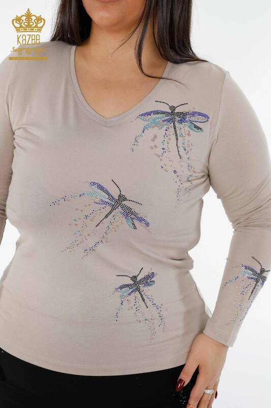 Wholesale Women's Blouse Dragonfly Detailed Colored Stone Embroidered - 79019 | KAZEE