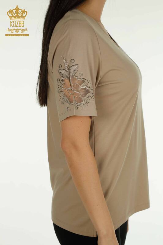 Wholesale Women's Blouse Embroidered Beige - 79883 | KAZEE