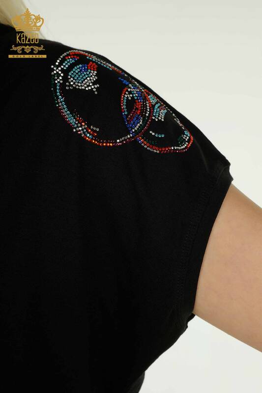 Wholesale Women's Blouse Stone Embroidered Black - 79359 | KAZEE