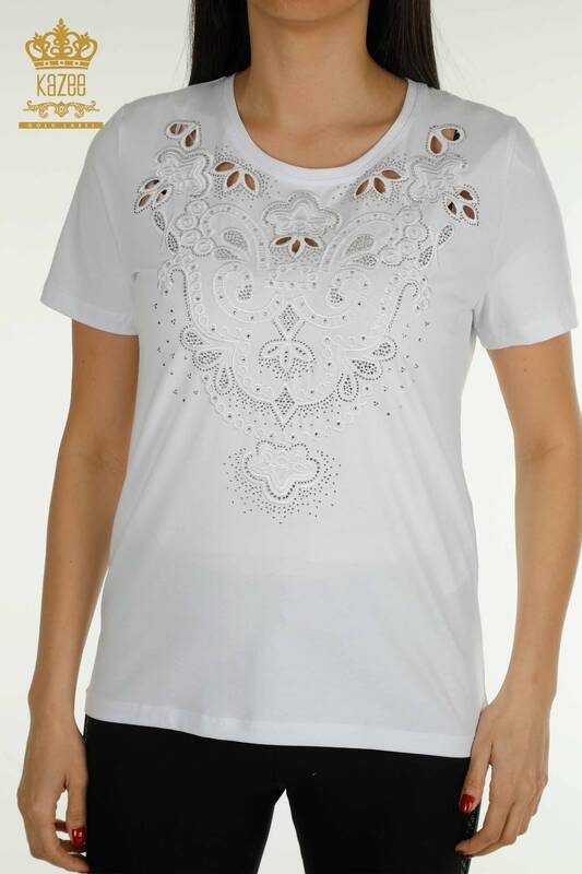 Wholesale Women's Blouse Stone Embroidered White - 79468 | KAZEE