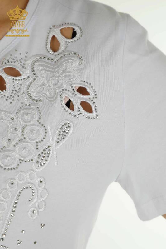 Wholesale Women's Blouse Stone Embroidered White - 79468 | KAZEE