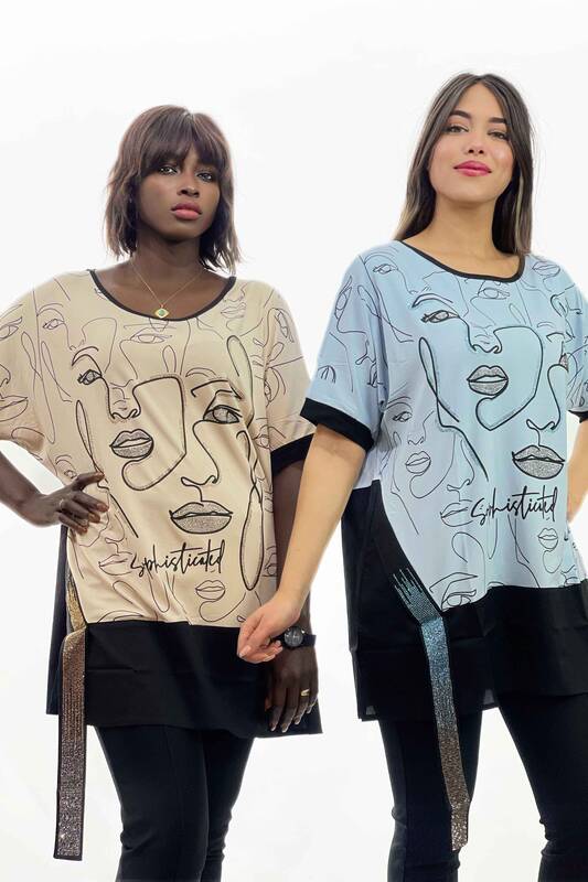 Wholesale Women's Blouse Face Printed Crew Neck - 17151 | KAZEE