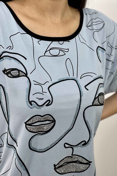 Wholesale Women's Blouse Face Printed Crew Neck - 17151 | KAZEE - Thumbnail
