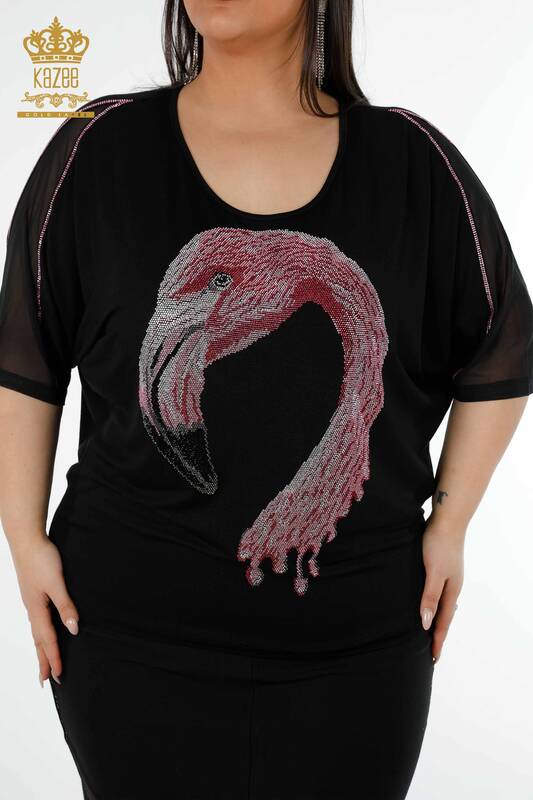 Wholesale Women's Blouse Flamingo Patterned Black - 78864 | KAZEE