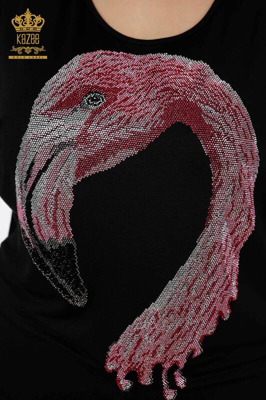 Wholesale Women's Blouse Flamingo Patterned Black - 78864 | KAZEE