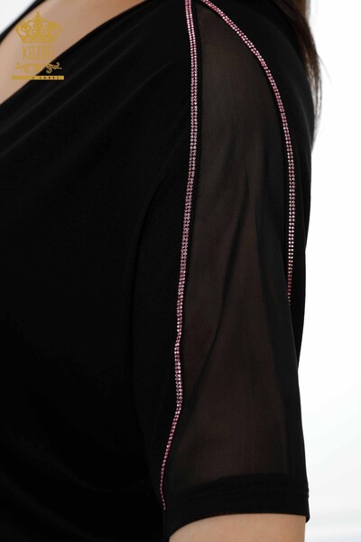 Wholesale Women's Blouse Flamingo Patterned Black - 78864 | KAZEE - Thumbnail