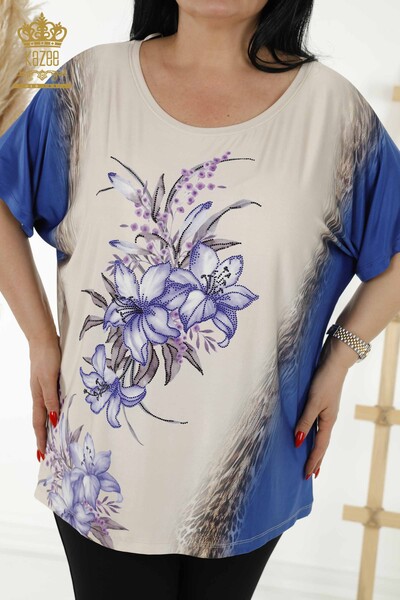 Wholesale Women's Blouse - Floral Pattern - Beige - 77769 | KAZEE - Thumbnail