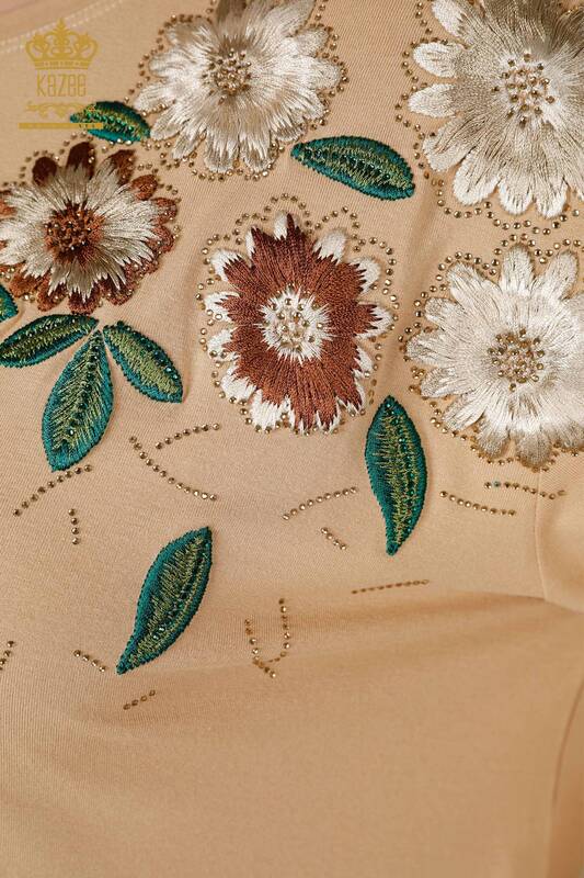 Wholesale Women's Blouse Floral Pattern Beige - 78947 | KAZEE