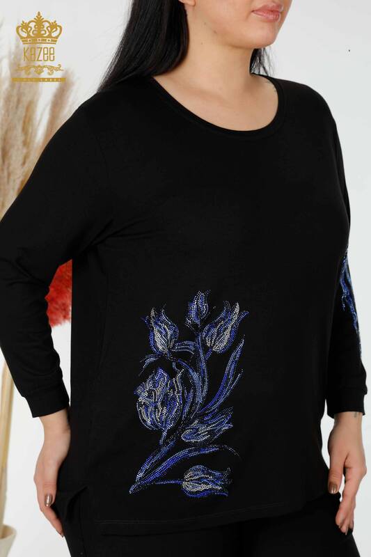Wholesale Women's Blouse Floral Pattern Black - 77908 | KAZEE