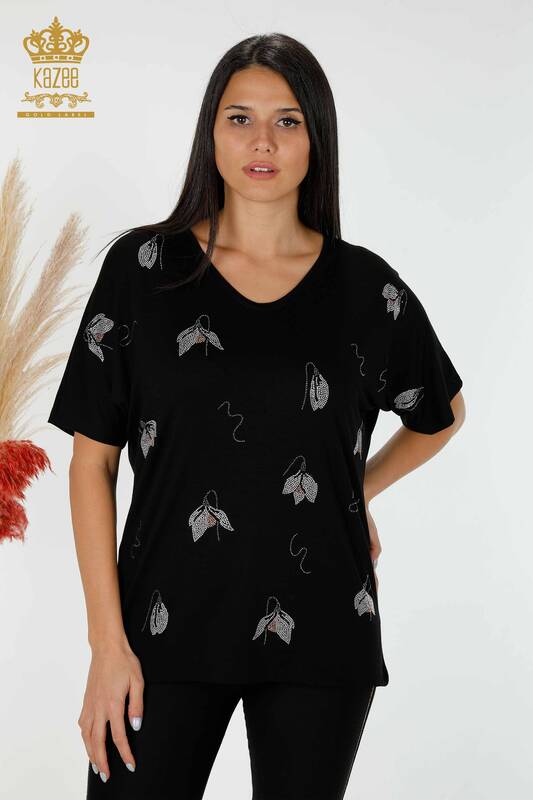 Wholesale Women's Blouse Floral Pattern Black - 78934 | KAZEE