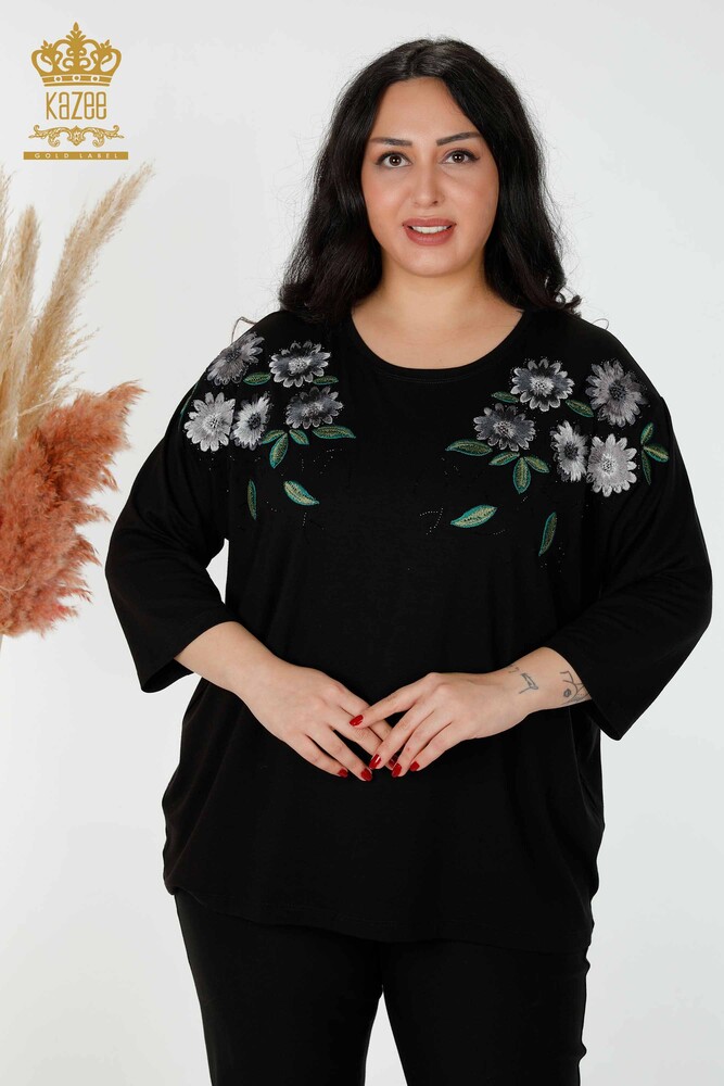 Wholesale Women's Blouse Floral Pattern Black - 78947 | KAZEE - 1