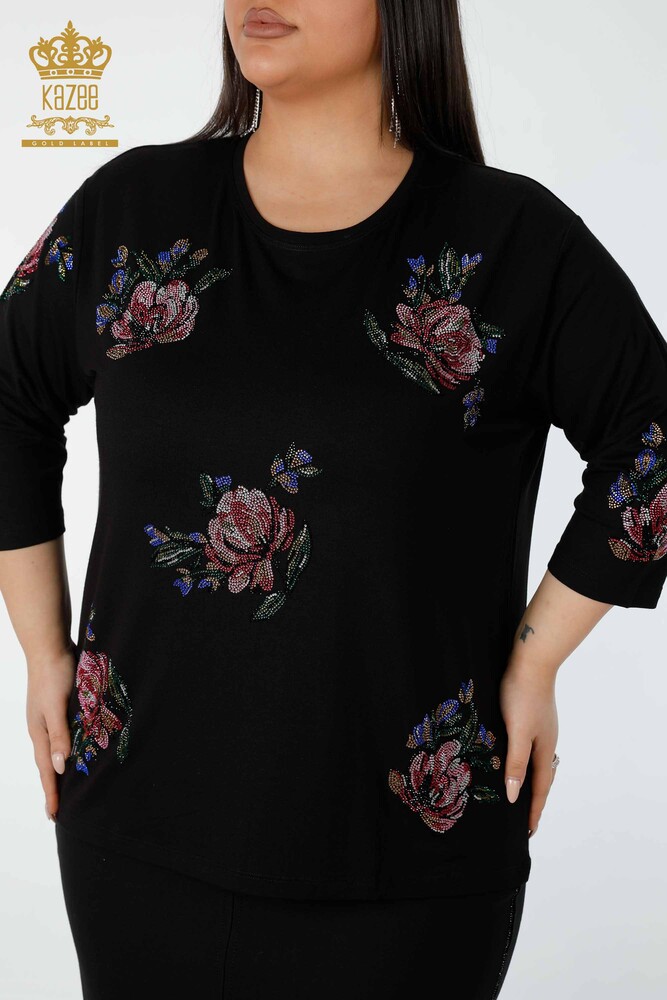 Wholesale Women's Blouse Floral Pattern Black - 78965 | KAZEE - 2