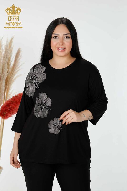 Wholesale Women's Blouse Floral Pattern Black - 78990 | KAZEE