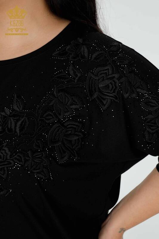 Wholesale Women's Blouse Floral Pattern Black - 79031 | KAZEE