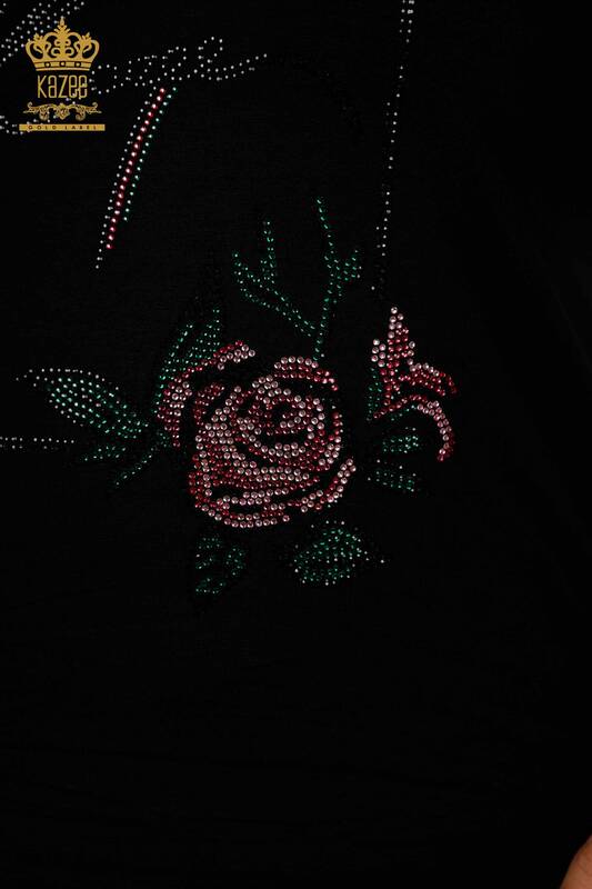 Wholesale Women's Blouse - Floral Pattern - Black - 79042 | KAZEE