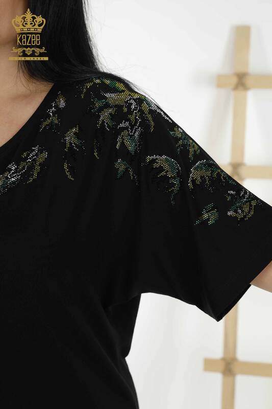 Wholesale Women's Blouse - Floral Pattern - Black - 79089 | KAZEE