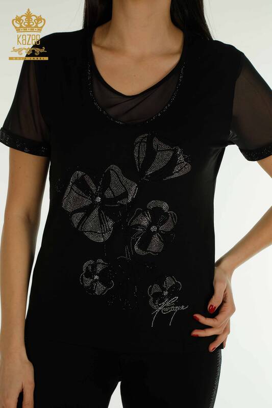 Wholesale Women's Blouse Floral Pattern Black - 79290 | KAZEE