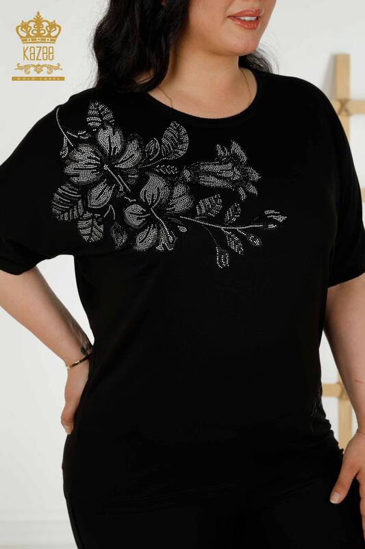 Wholesale Women's Blouse - Floral Pattern - Black - 79307 | KAZEE