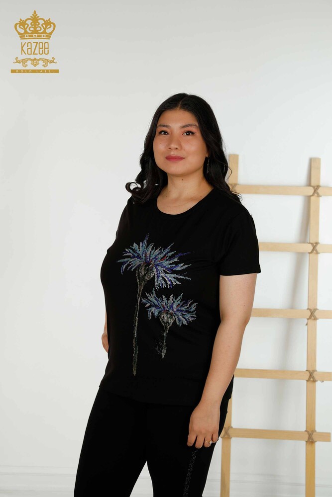 Wholesale Women's Blouse - Floral Pattern - Black - 79369 | KAZEE - 1