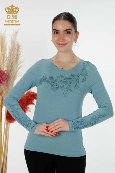 Wholesale Women's Blouse Floral Pattern Blue - 79010 | KAZEE - Thumbnail