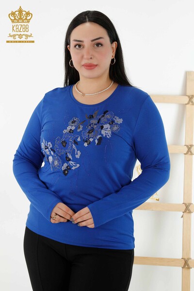 Wholesale Women's Blouse - Floral Pattern - Dark Blue - 79045 | KAZEE - Thumbnail