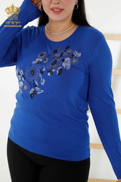 Wholesale Women's Blouse - Floral Pattern - Dark Blue - 79045 | KAZEE - Thumbnail