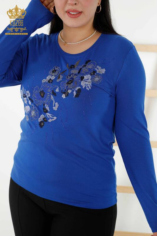 Wholesale Women's Blouse - Floral Pattern - Dark Blue - 79045 | KAZEE