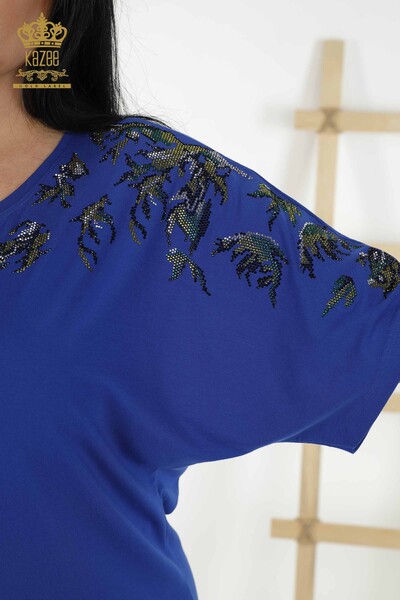 Wholesale Women's Blouse - Floral Pattern - Dark Blue - 79089 | KAZEE - 4