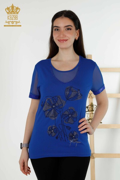 Wholesale Women's Blouse - Floral Pattern - Dark Blue - 79290 | KAZEE - Thumbnail