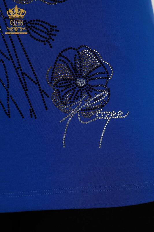 Wholesale Women's Blouse - Floral Pattern - Dark Blue - 79290 | KAZEE