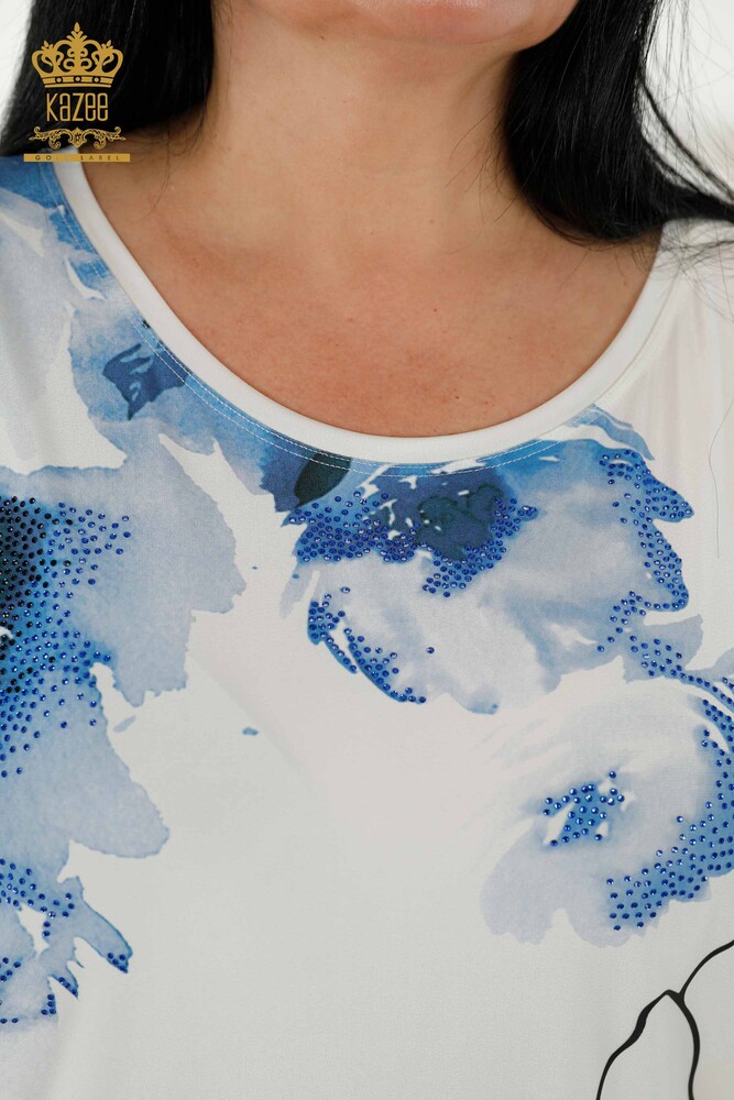 Wholesale Women's Blouse - Floral Pattern - Ecru - 77802 | KAZEE - 4