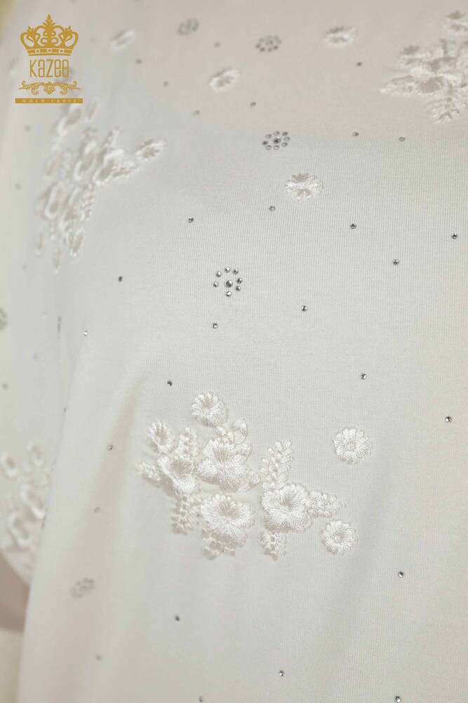 Wholesale Women's Blouse - Floral Pattern - Ecru - 79087 | KAZEE - 4