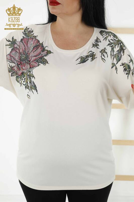 Wholesale Women's Blouse - Floral Pattern - Ecru - 79089 | KAZEE