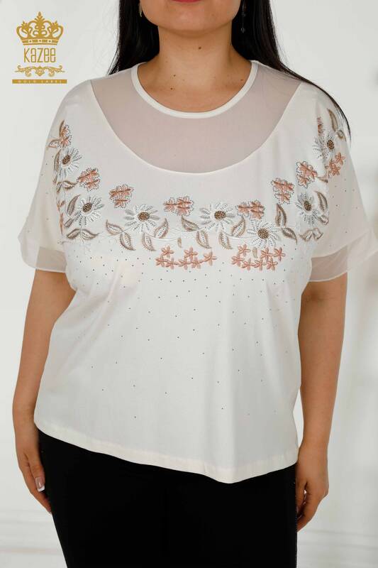 Wholesale Women's Blouse - Floral Pattern - Ecru - 79137 | KAZEE