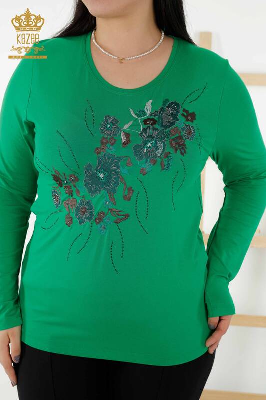 Wholesale Women's Blouse - Floral Pattern - Green - 79045 | KAZEE