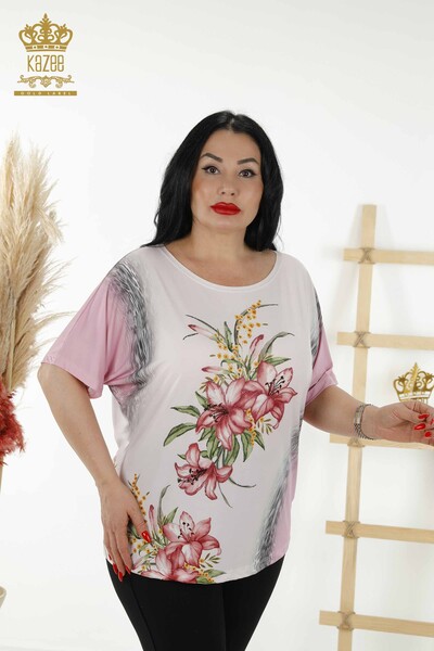 Wholesale Women's Blouse - Floral Pattern - Lilac - 77769 | KAZEE - Thumbnail