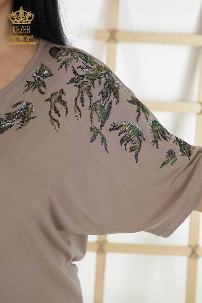 Wholesale Women's Blouse - Floral Pattern - Mink - 79089 | KAZEE - Thumbnail