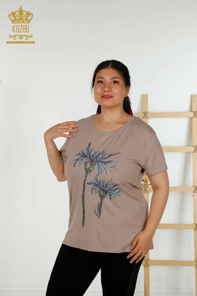 Wholesale Women's Blouse - Floral Pattern - Mink - 79369 | KAZEE - Thumbnail
