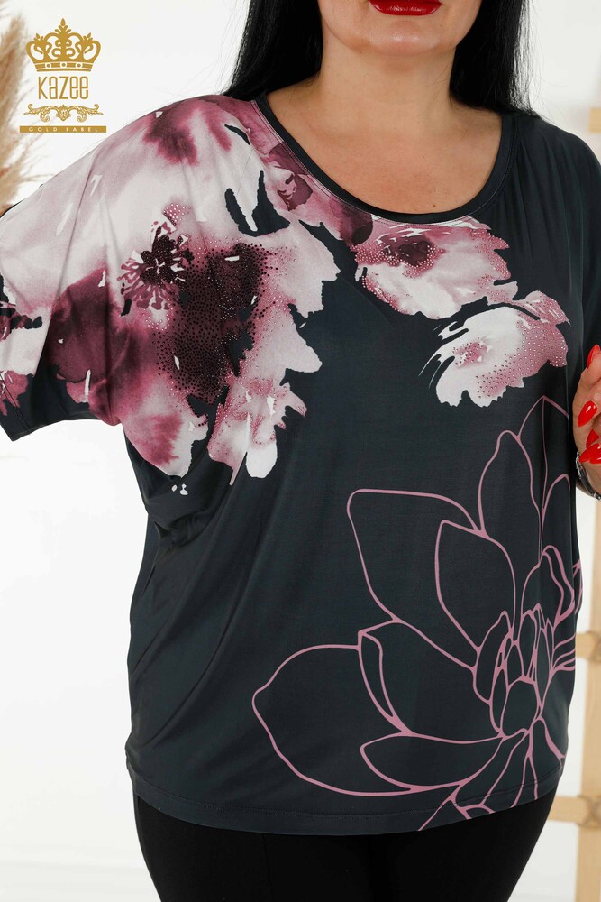 Wholesale Women's Blouse Floral Pattern Navy Blue - 77802 | KAZEE - 2