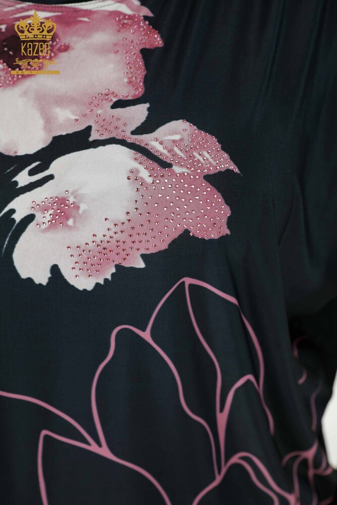 Wholesale Women's Blouse Floral Pattern Navy Blue - 77802 | KAZEE - 4